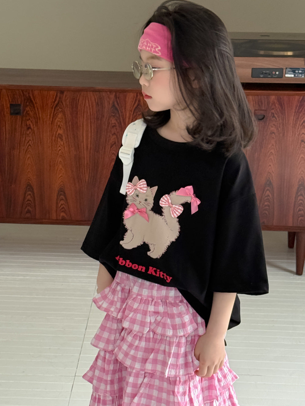Girls' Cat-Print Bow T-Shirt