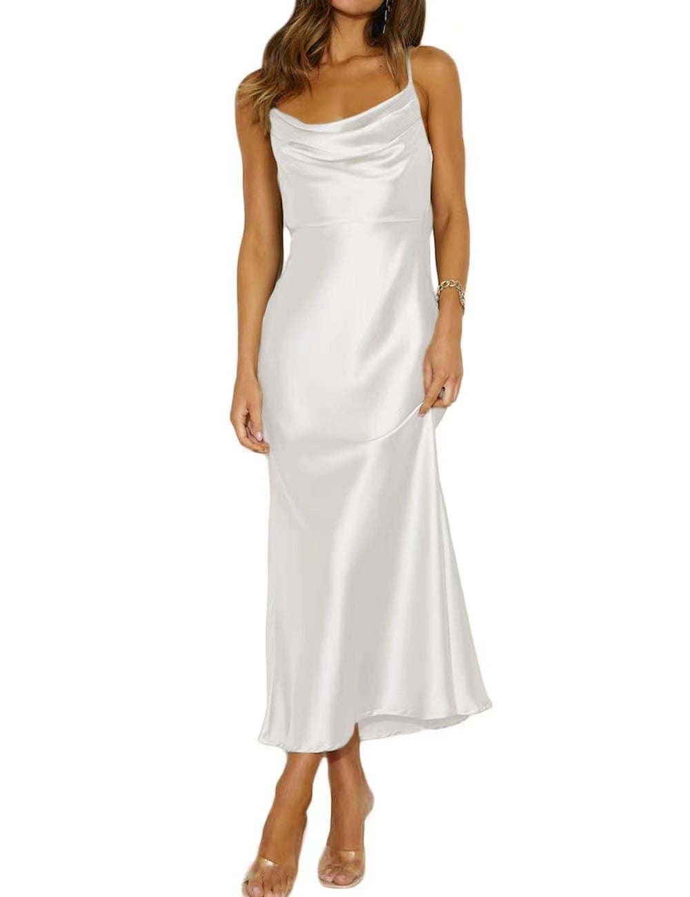 Elegant Satin Cowl Neck Slip Maxi Dress,
