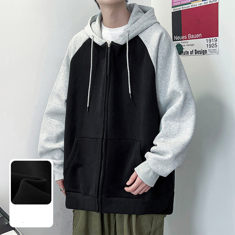 Oversized Contrast Panel Zip-Up Hoodie