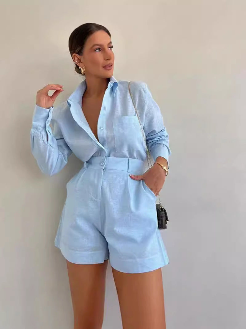 Chic Collared Shirt and High Waist Shorts Matching Set