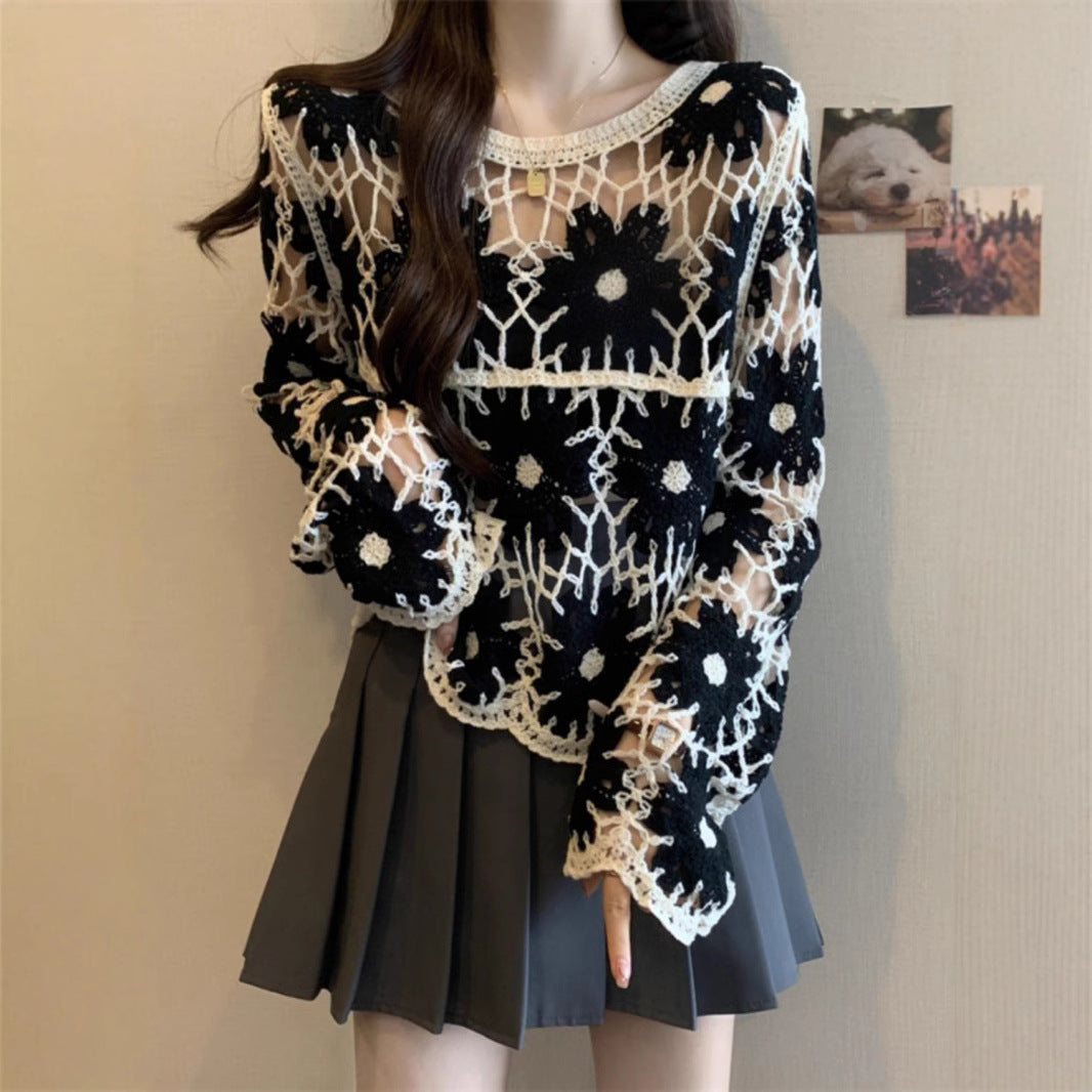 French unique crochet cut-out knitwear women's pre-fall 2024 new plus size fat mm slim outer layer blouse top