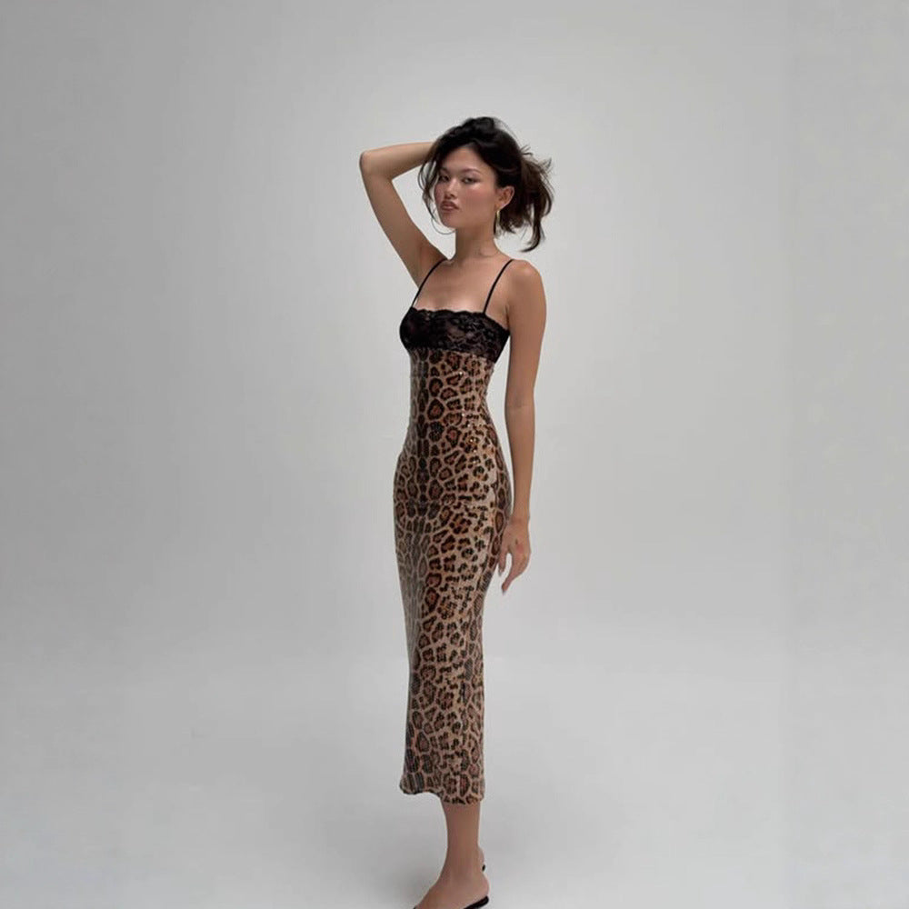 Leopard Print Lace Contrast Sequin Evening Maxi Dress