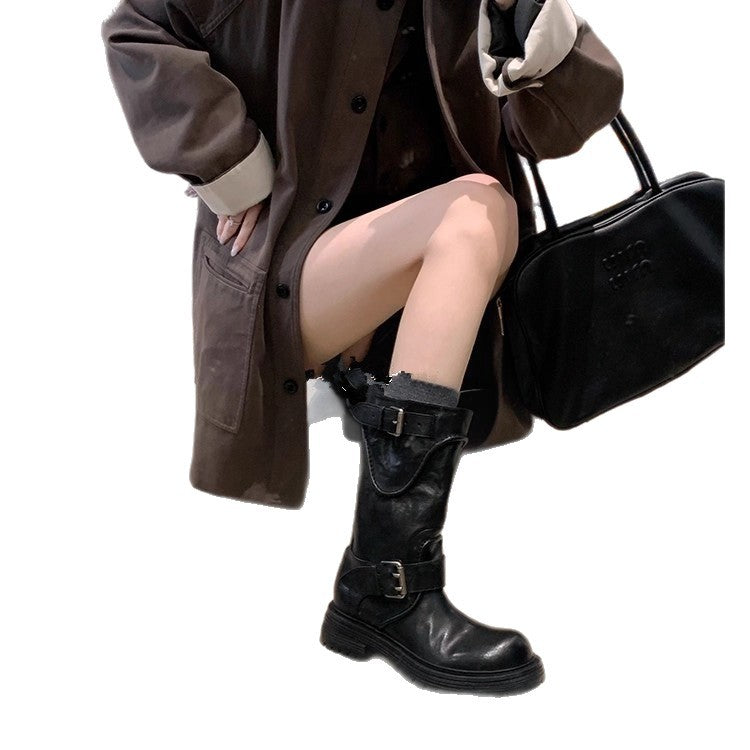 Buckle Leather Riding Boots