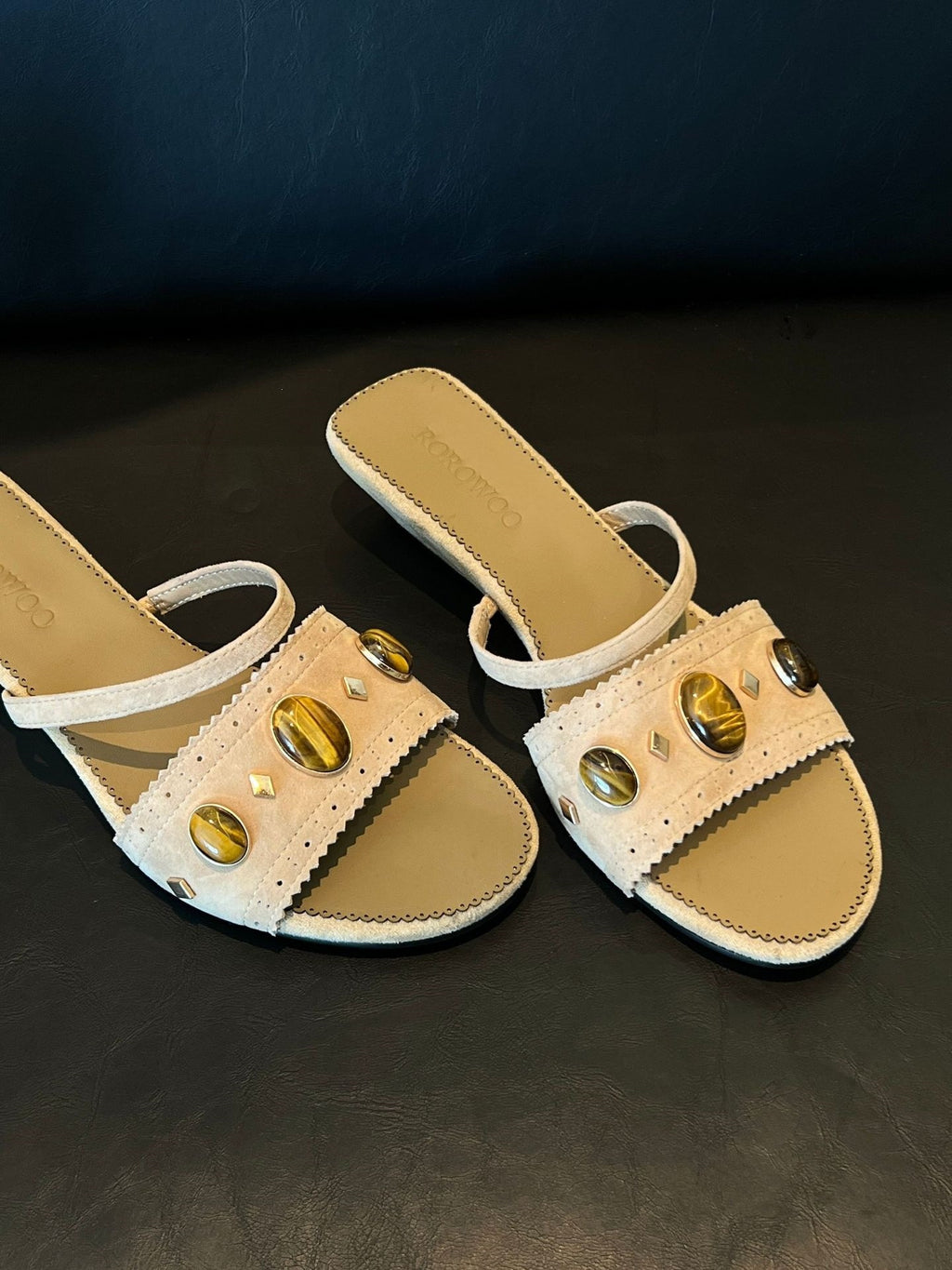 Gemstone Leather Wedge Slides