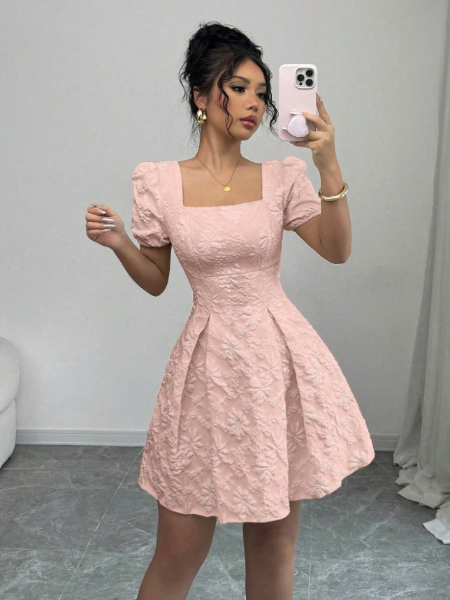 Elegance Jacquard Puff Sleeve Dress