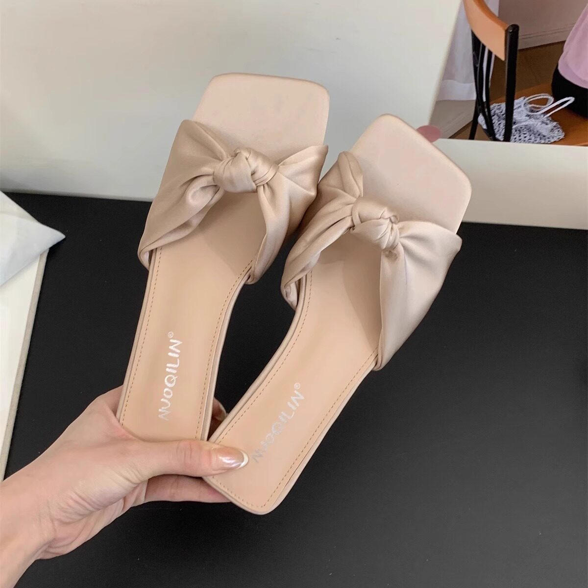 Satin Bow Low-Heel Sandals