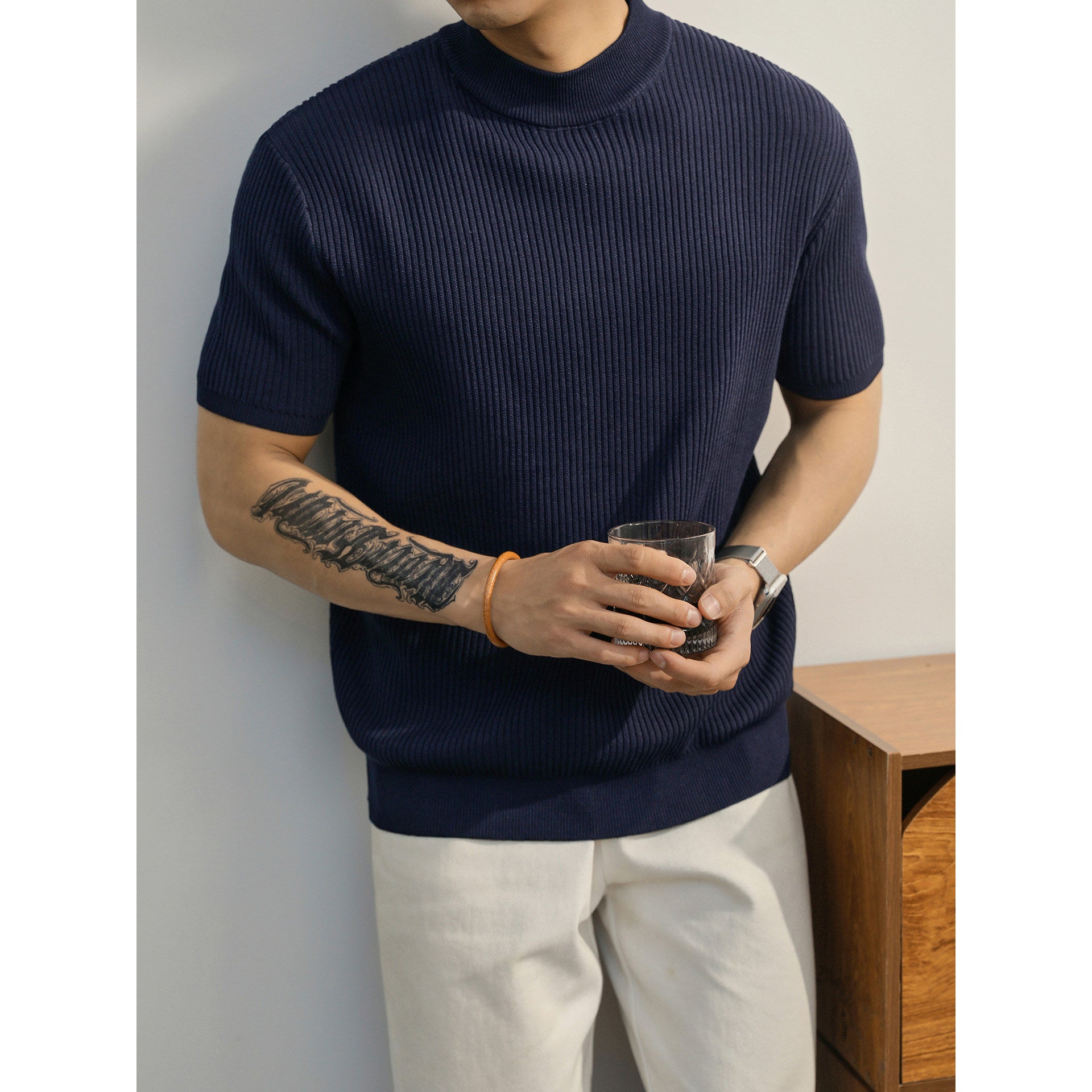 Ribbed Mock Neck Knit Polo