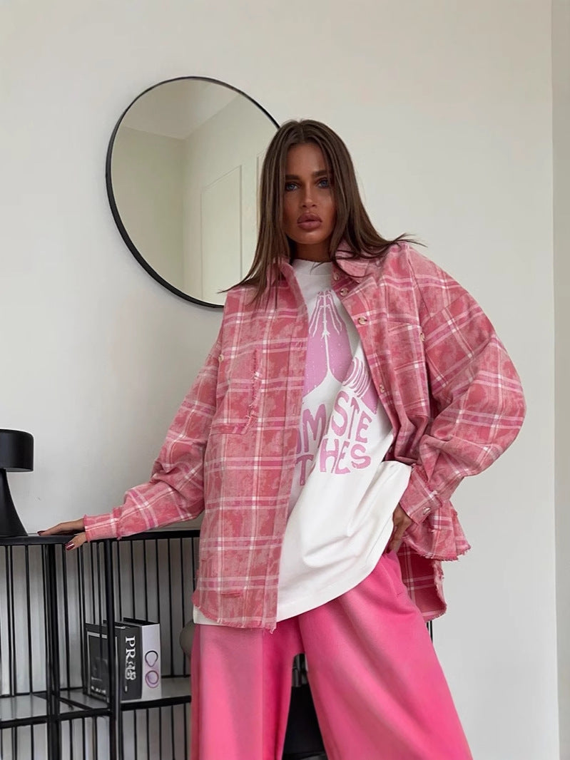 Relaxed Plaid Button Up Shirt Jacket