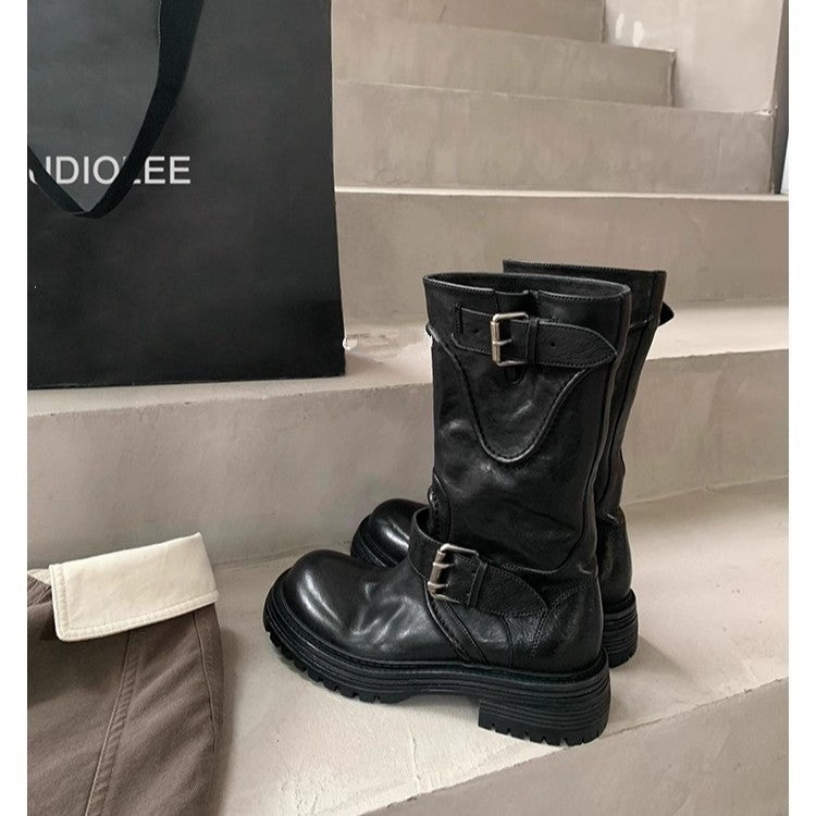 Buckle Leather Riding Boots