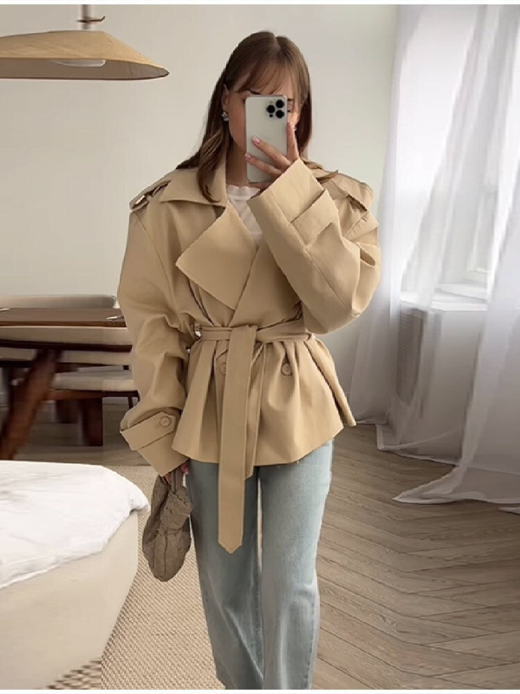 Elegant Tie Waist Short Trench Jacket