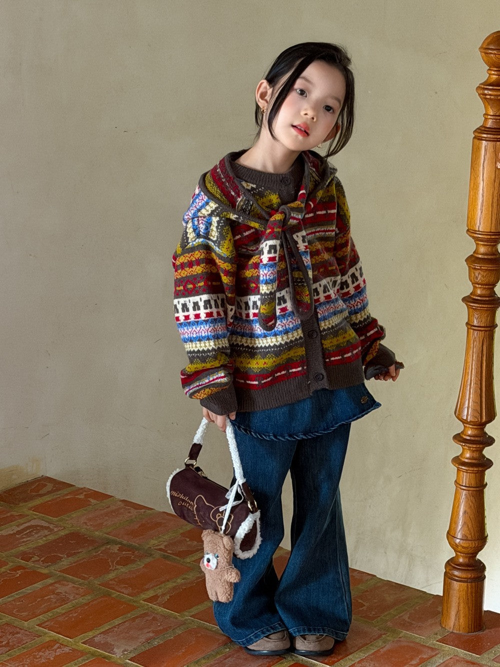 Girls' Fair-Isle Knit Cardigan with Detachable Hood