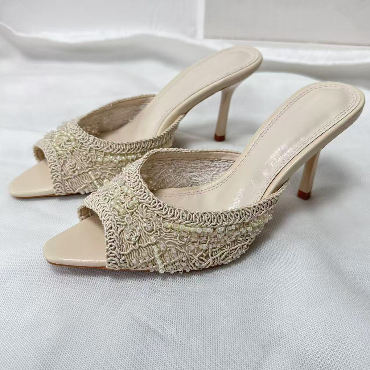 Beaded Peep-Toe Mules – color detail