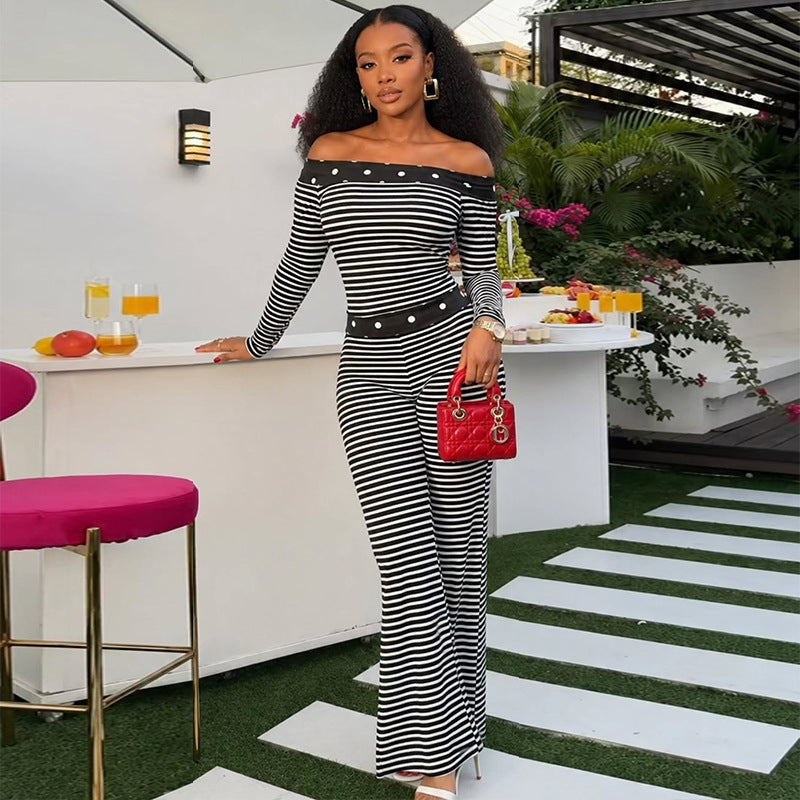 Striped Long-Sleeve Top & Wide-Leg Pants Set