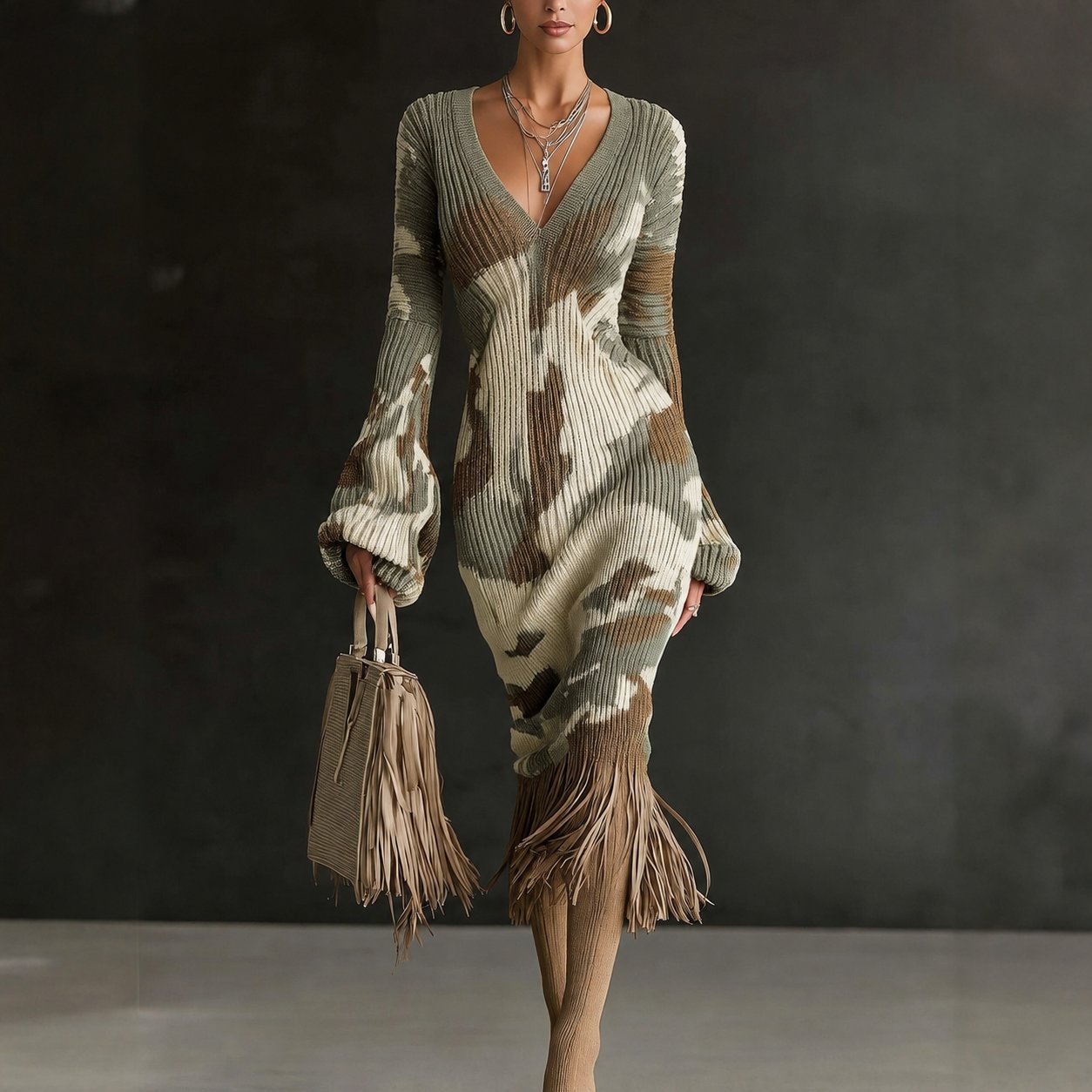 Printed Fringe Knit Dress
