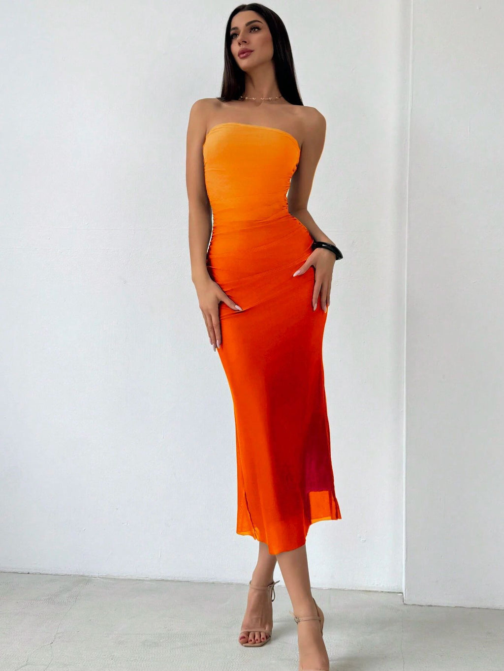 Sleek Strapless Mesh Ruched Maxi Dress.