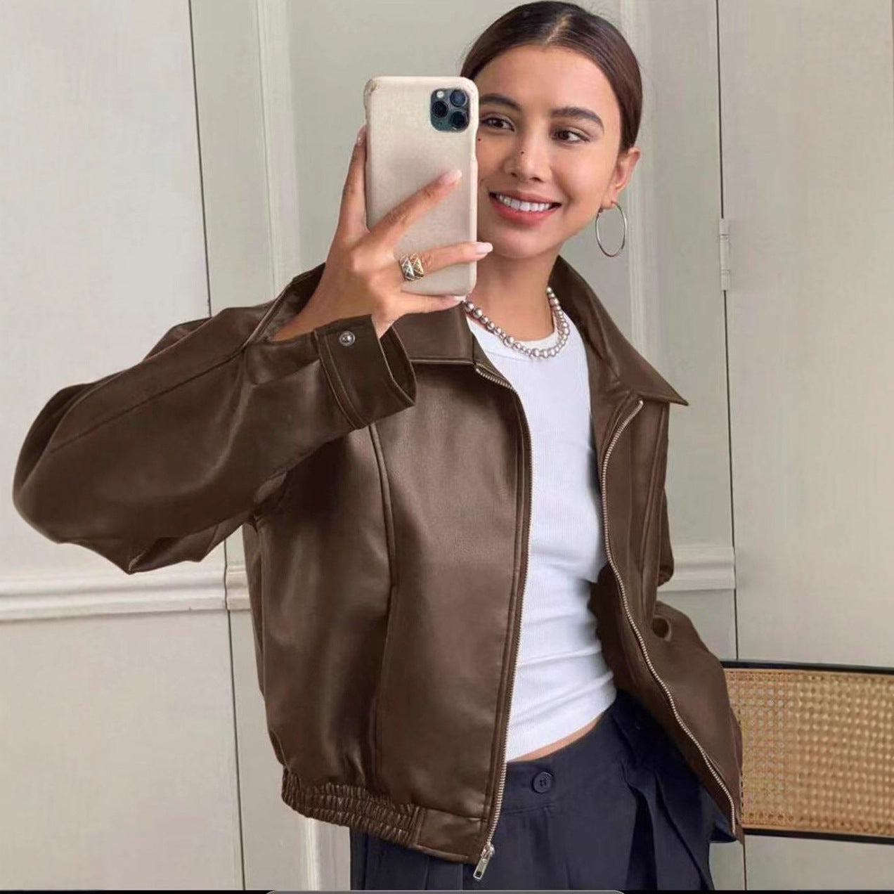 Sleek Faux Leather Bomber Jacket