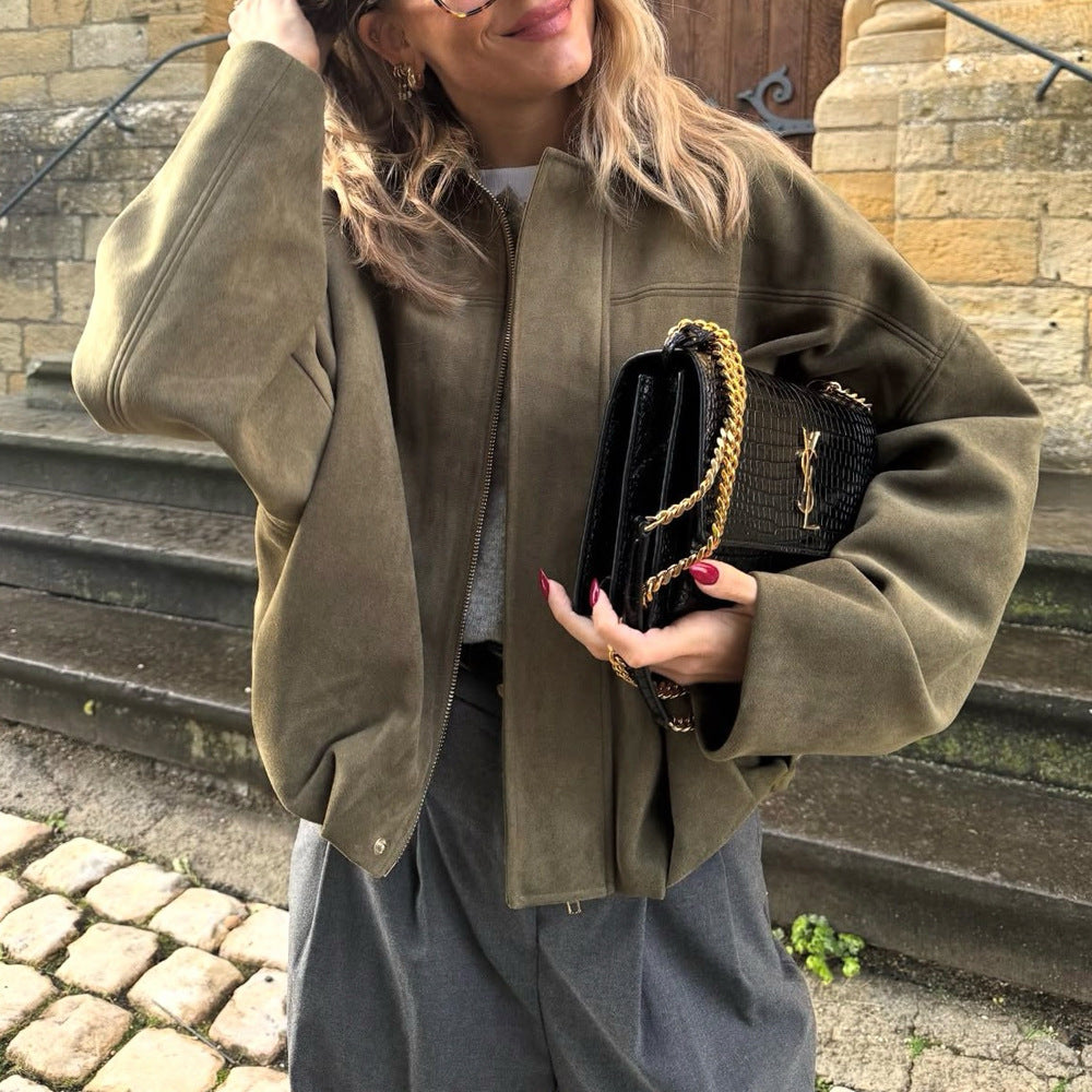 Faux Suede Casual Bomber Jacket