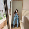 Cherry Print Denim Peplum Top and Wide Leg Pants Set