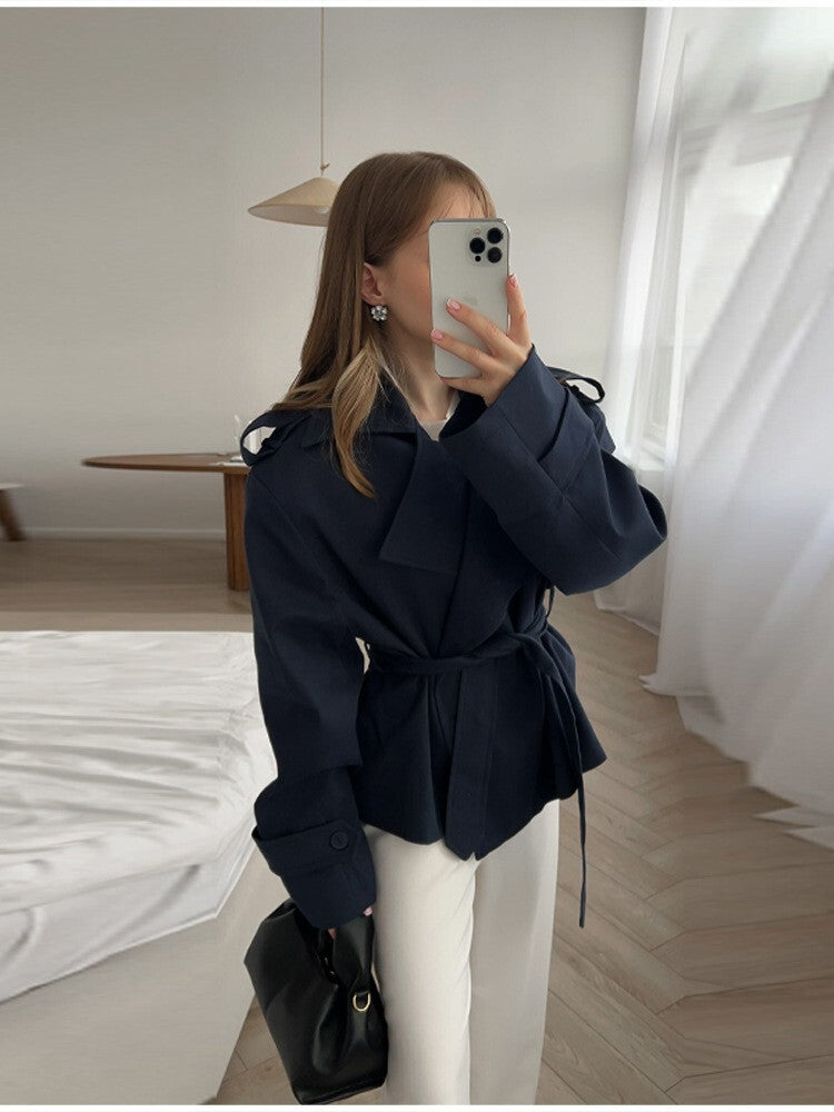 Elegant Tie Waist Short Trench Jacket