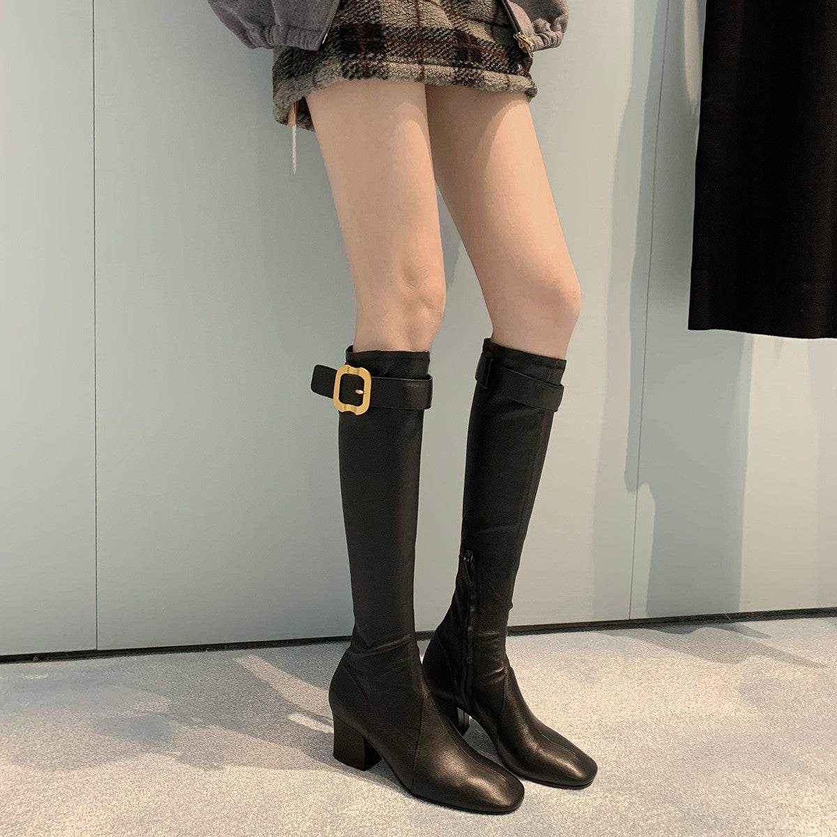 Gold-Button Block-Heel Boots