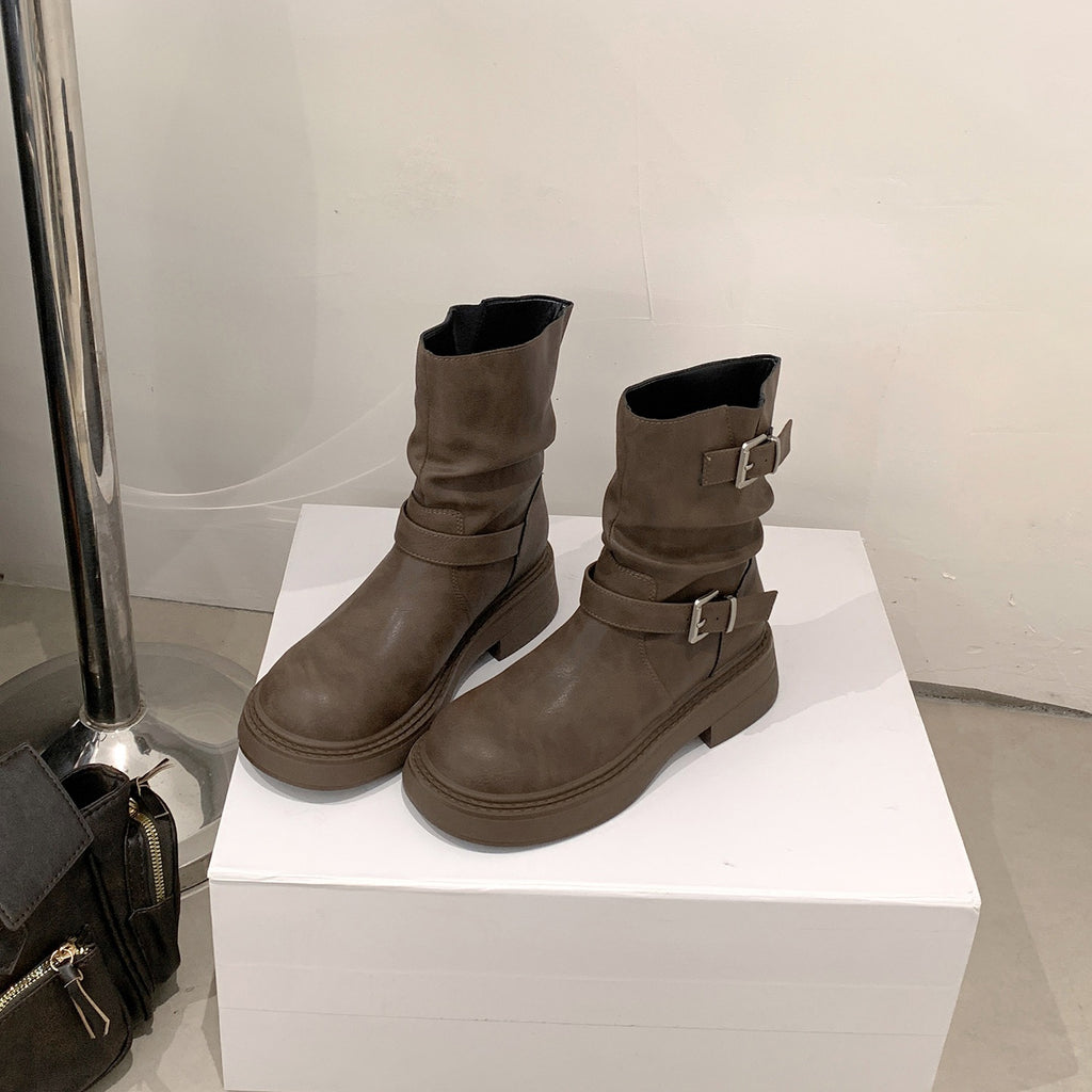 Buckle Block-Heel Boots