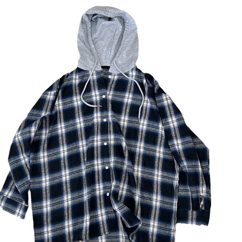 90 cotton vintage plaid shirt casual hooded long sleeve breasted top loose BF style lazy Korean shirt for women