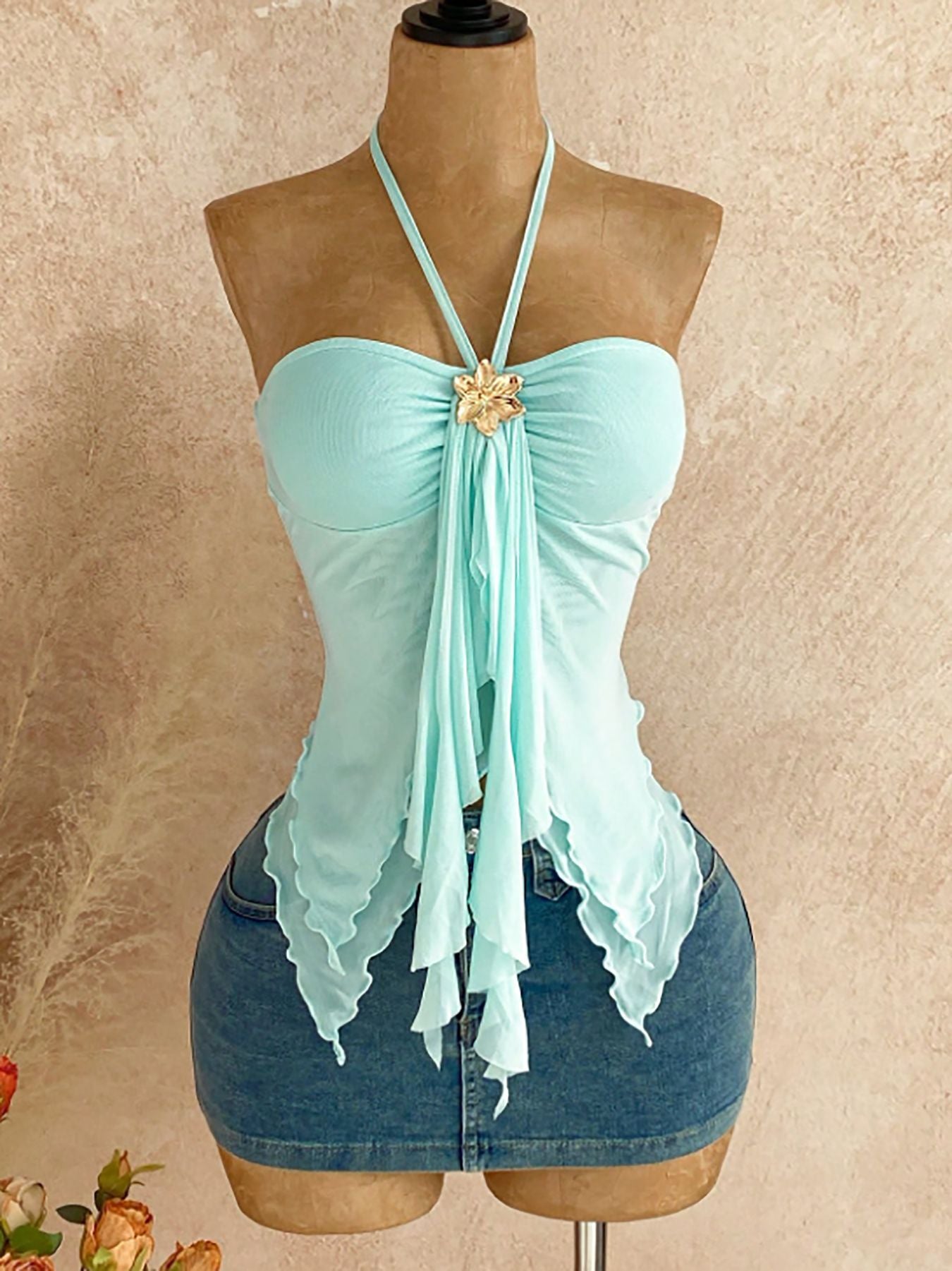 Floral Accent Mesh Halter Top