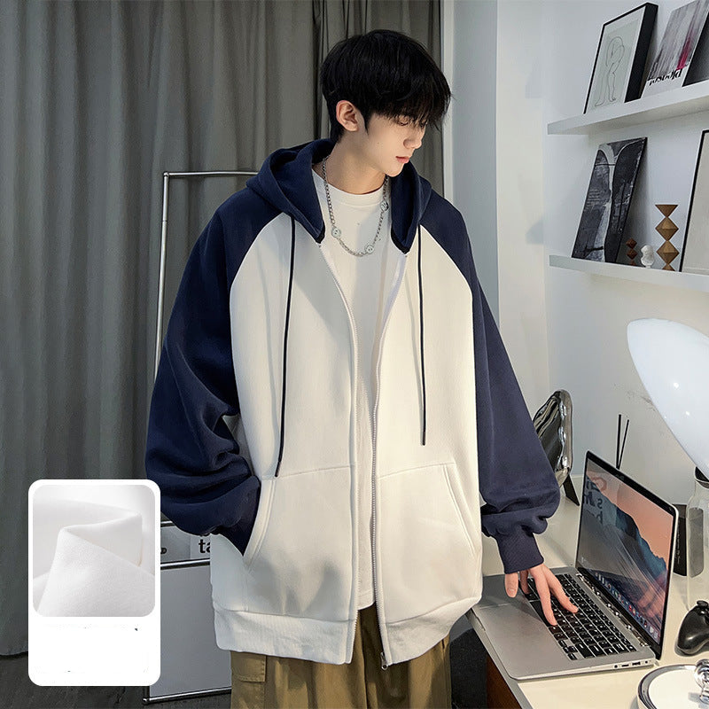 Oversized Contrast Panel Zip-Up Hoodie