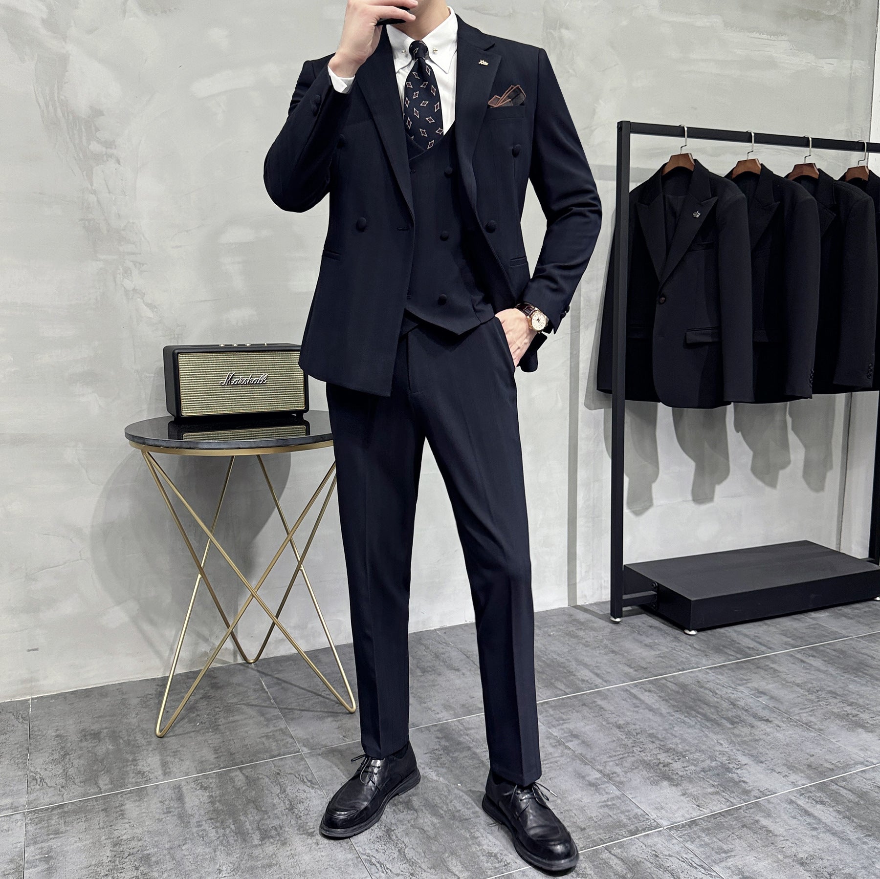 Men’s Pinstripe Double-Breasted Three-Piece Suit