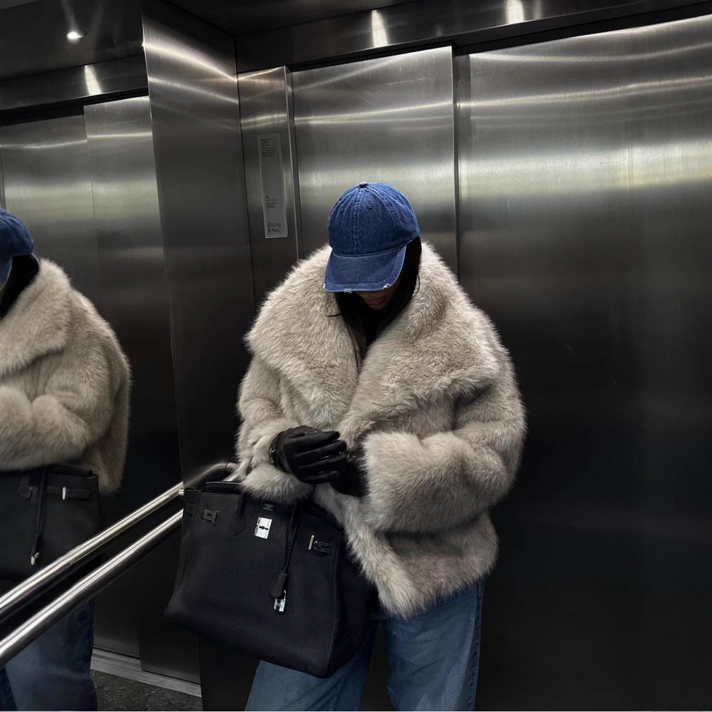 Faux Fur Coat with Wide Collar