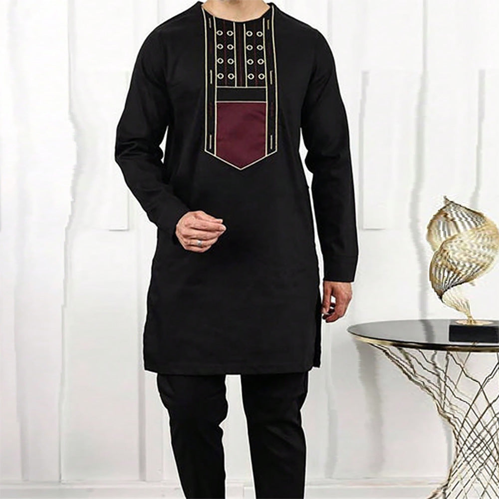 Traditional Muslim African Style Men Wedding New Suit 2 Piece Set Round Neck Long Sleeve Top Plus Pants Foreign Trade