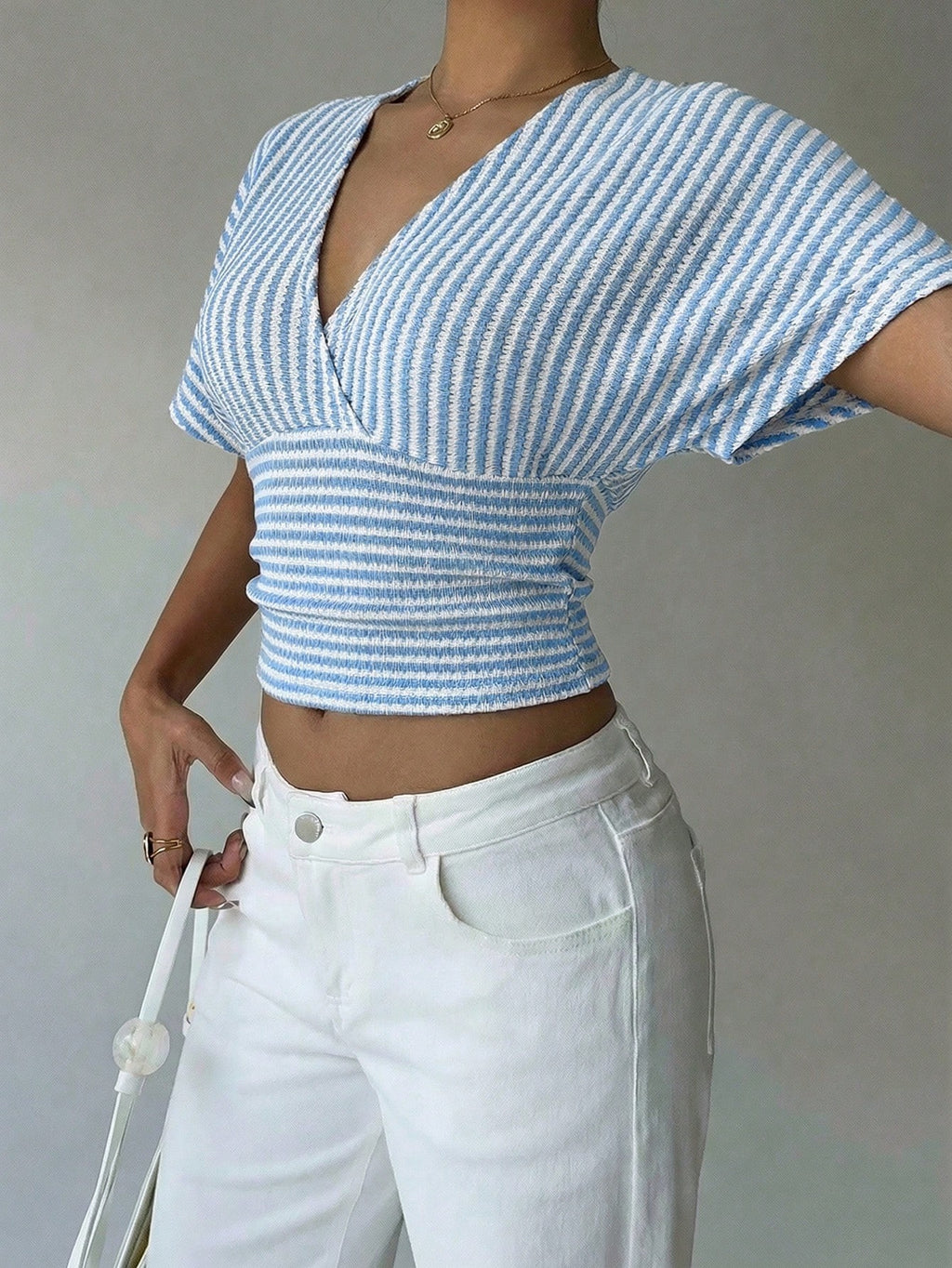 Striped V Neck Batwing Sleeve Wrap Top
