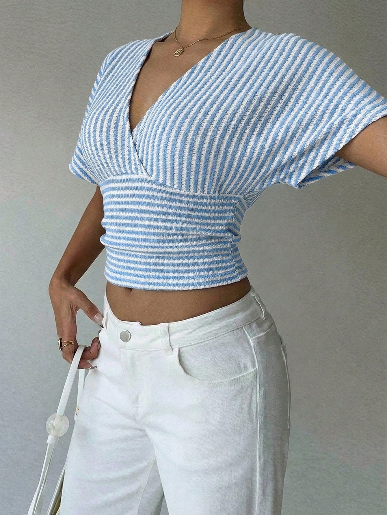 Striped V Neck Batwing Sleeve Wrap Top