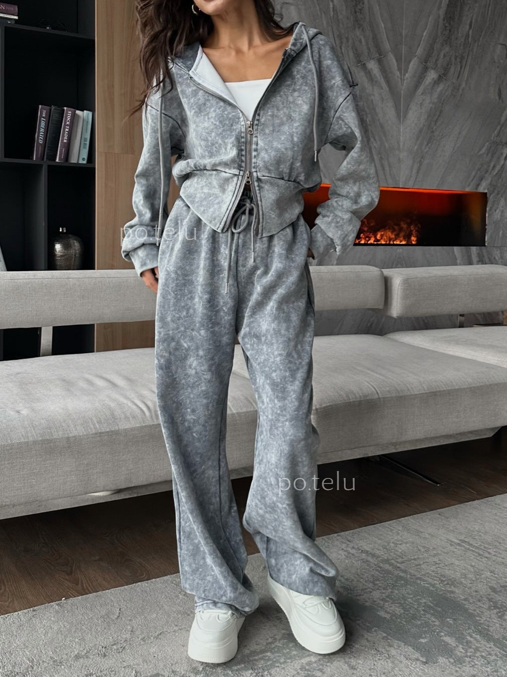 Acid Wash Zip Up Hoodie and Wide Leg Sweatpants Set