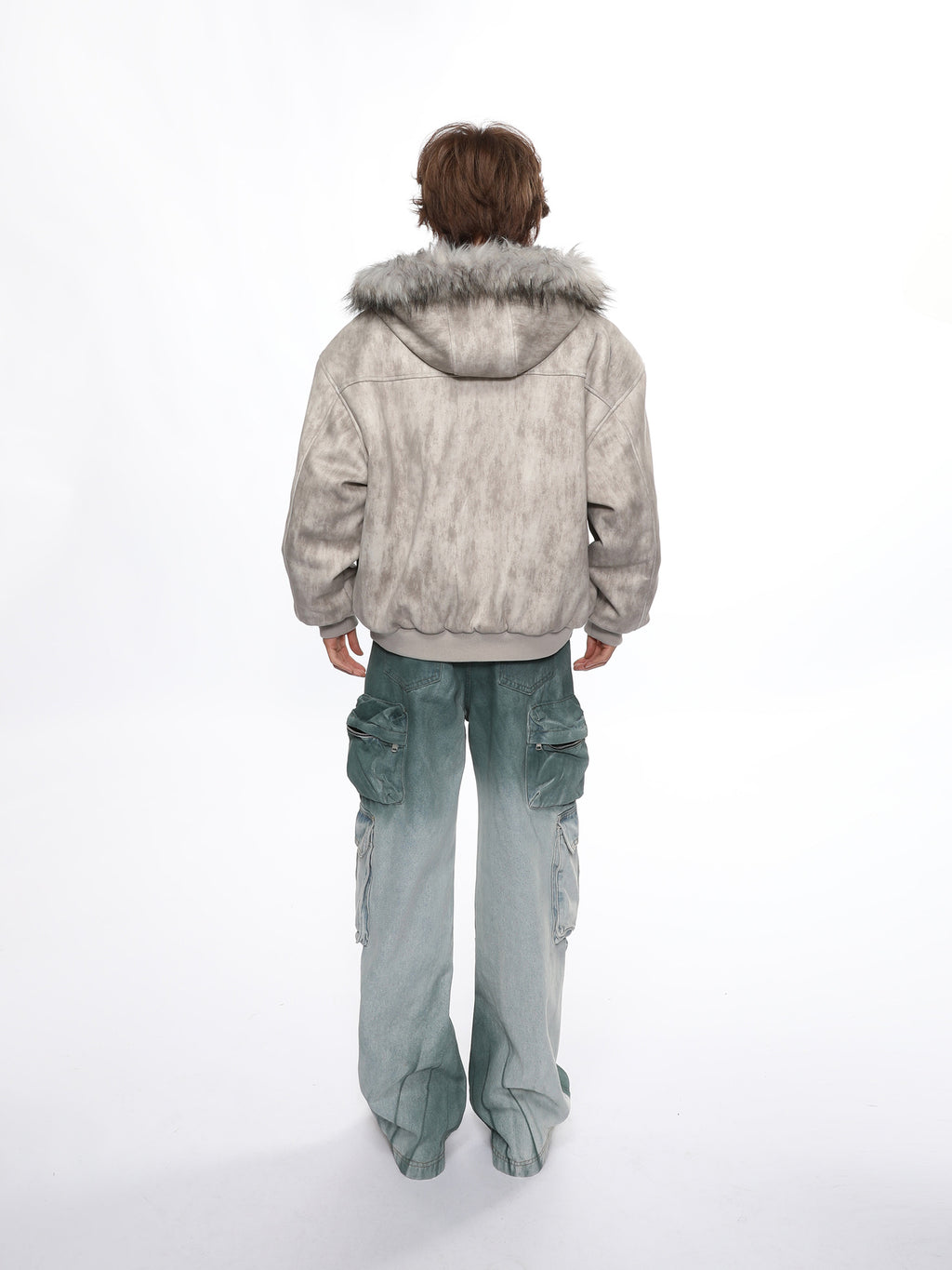 Faux-Fur Hooded Distressed Bomber