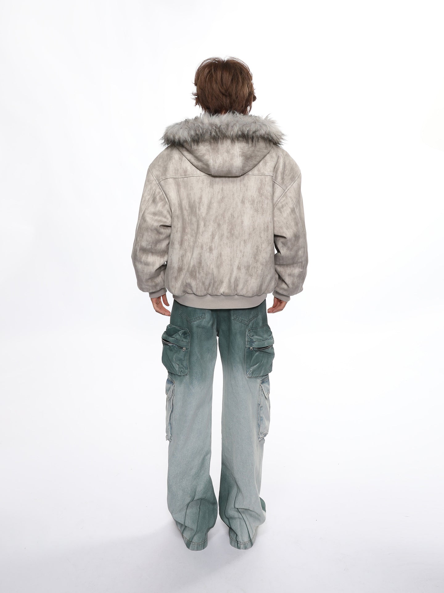 Faux-Fur Hooded Distressed Bomber
