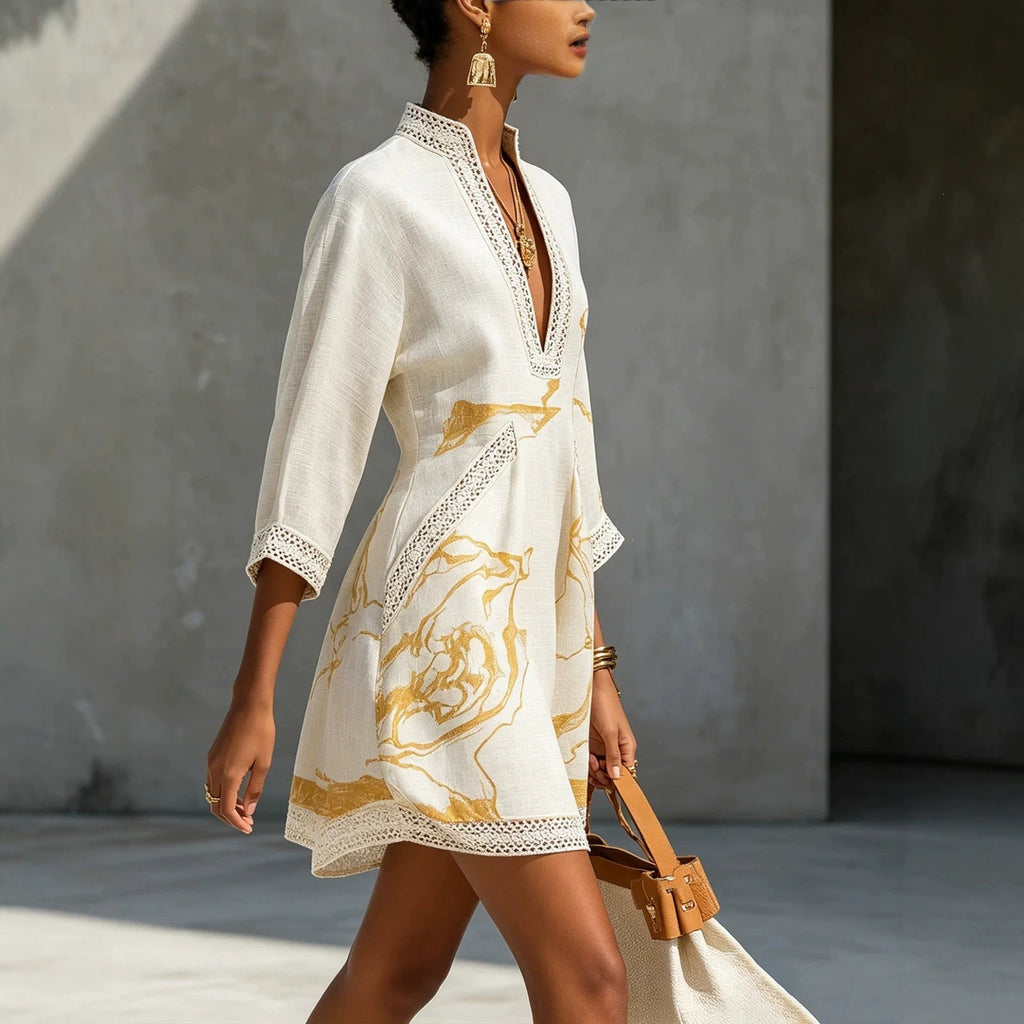 Lace V-Neck Printed Mini Dress