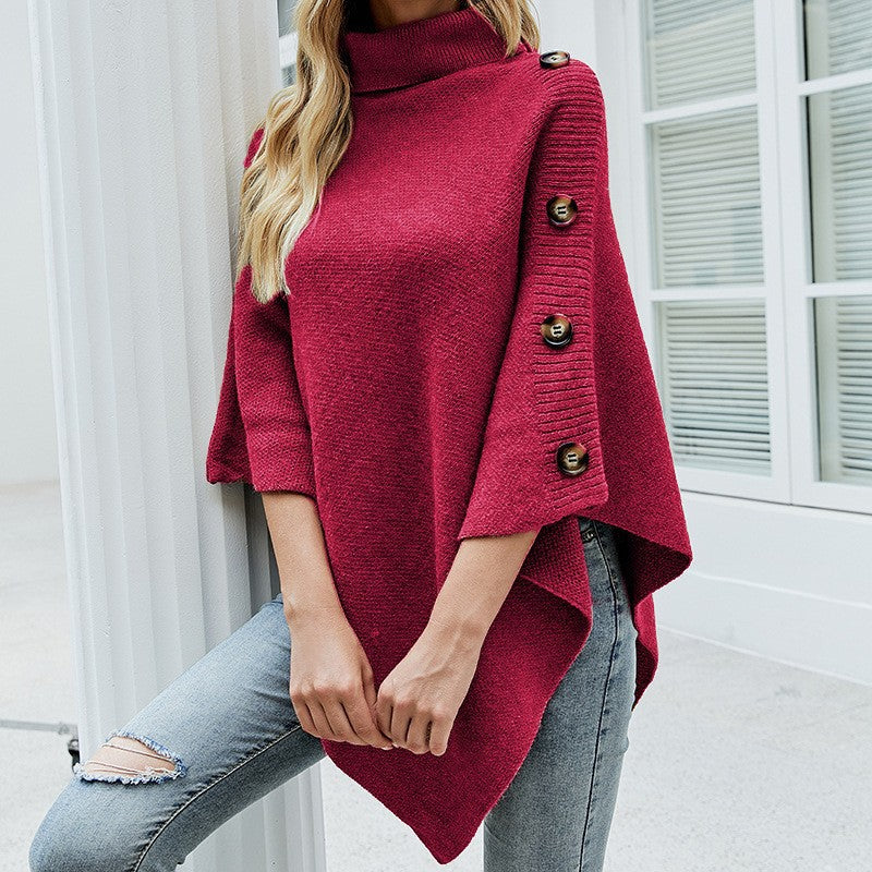 Turtleneck Button Knit Poncho