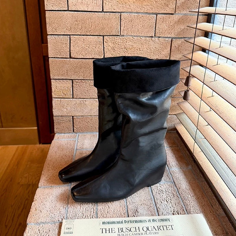 Cuffed Leather Mid-Calf Boots