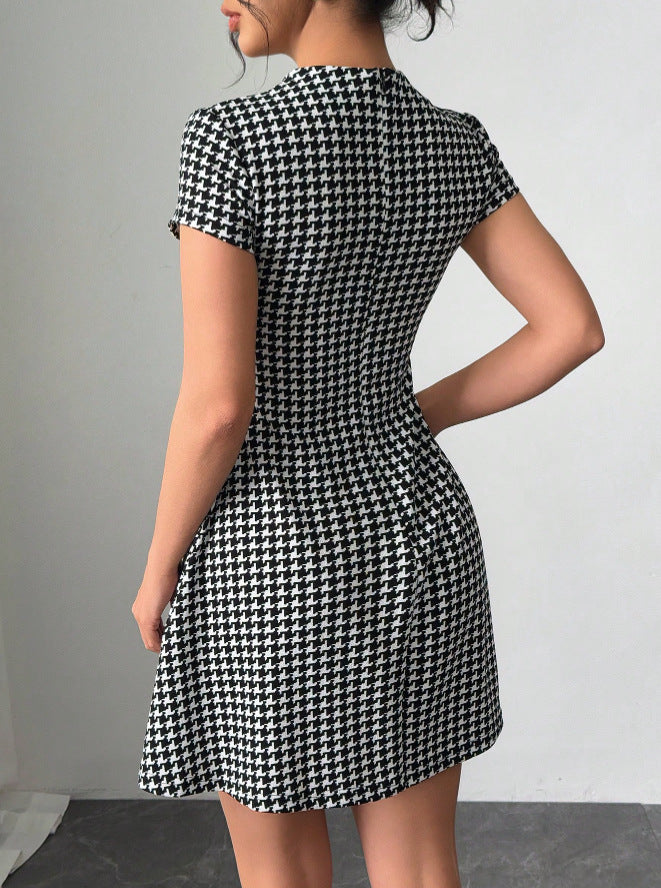 Houndstooth Crew Neck A Line Mini Dress