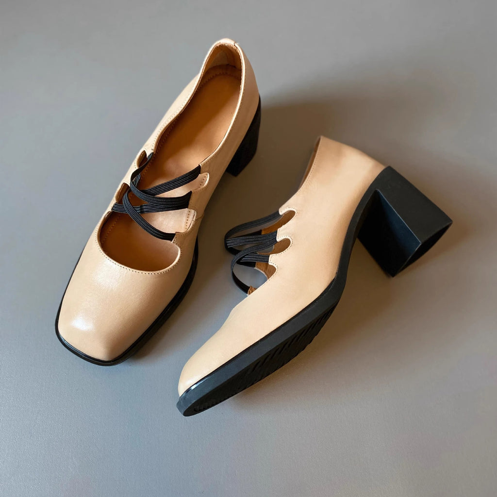 Square-Toe Leather Mary Jane Heels