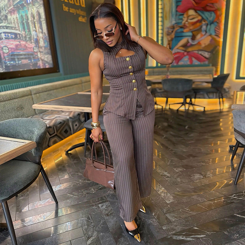 Button Vest & Striped Pants Set