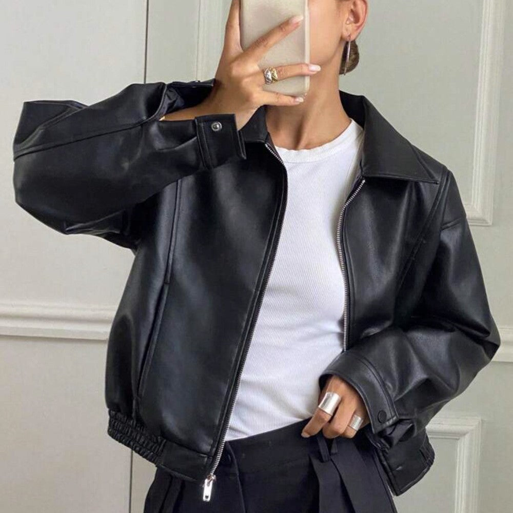 Sleek Faux Leather Bomber Jacket