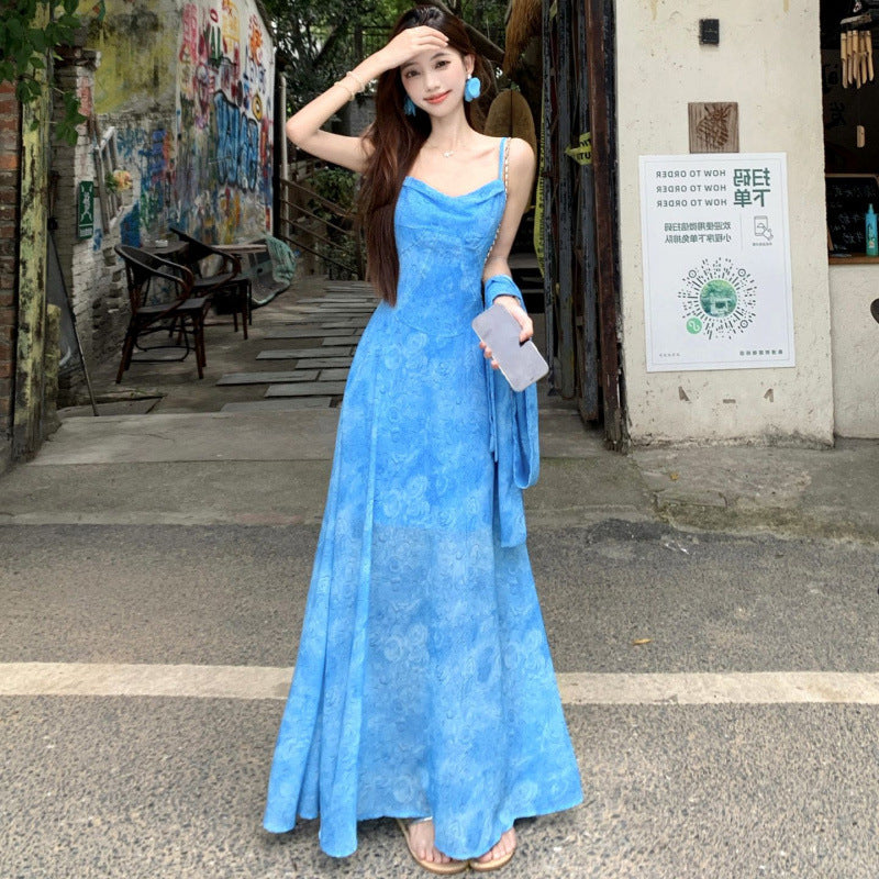 Blue Tie-Dye Strap Maxi Dress