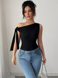 Elegant One Shoulder Knot Tie Bodysuit Top