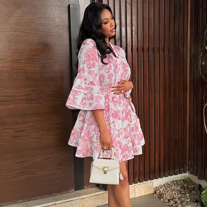 Printed V-Neck Flare-Sleeve Dress