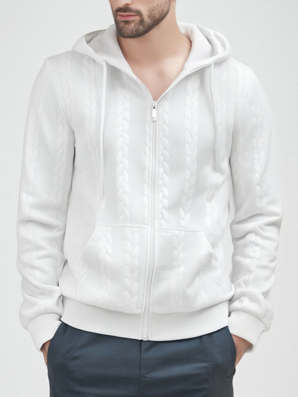 cable-knit full-zip hoodie.