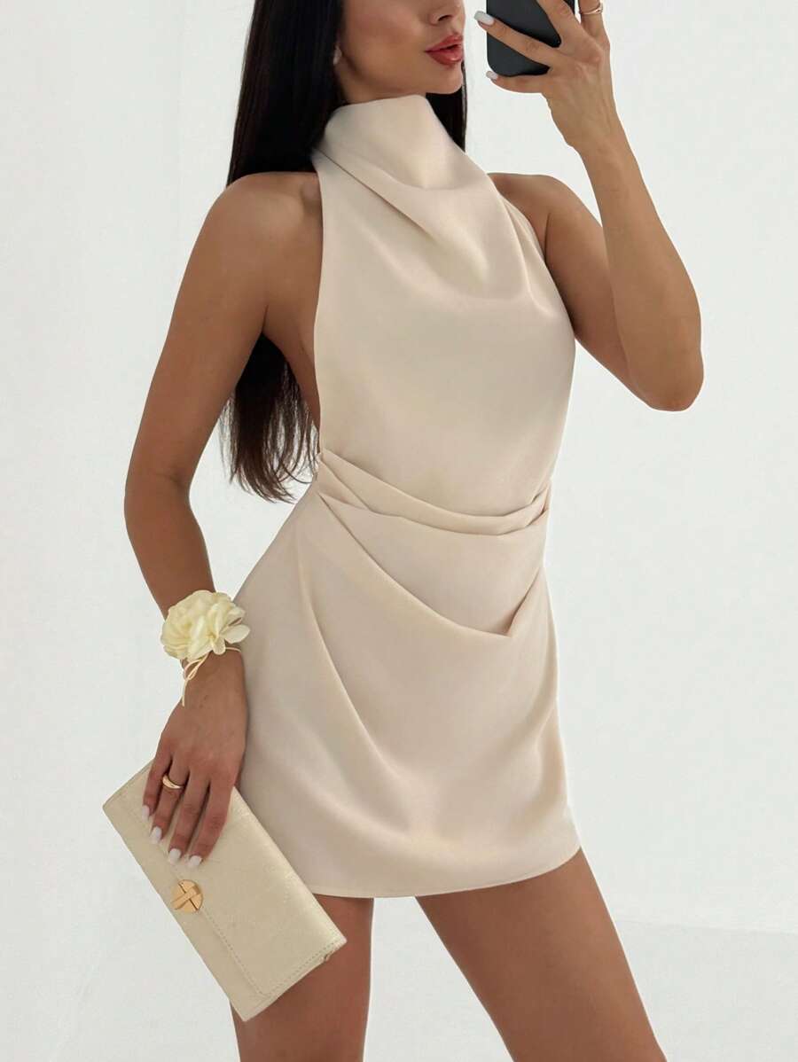 Backless Halter Mini Dress - Apricot