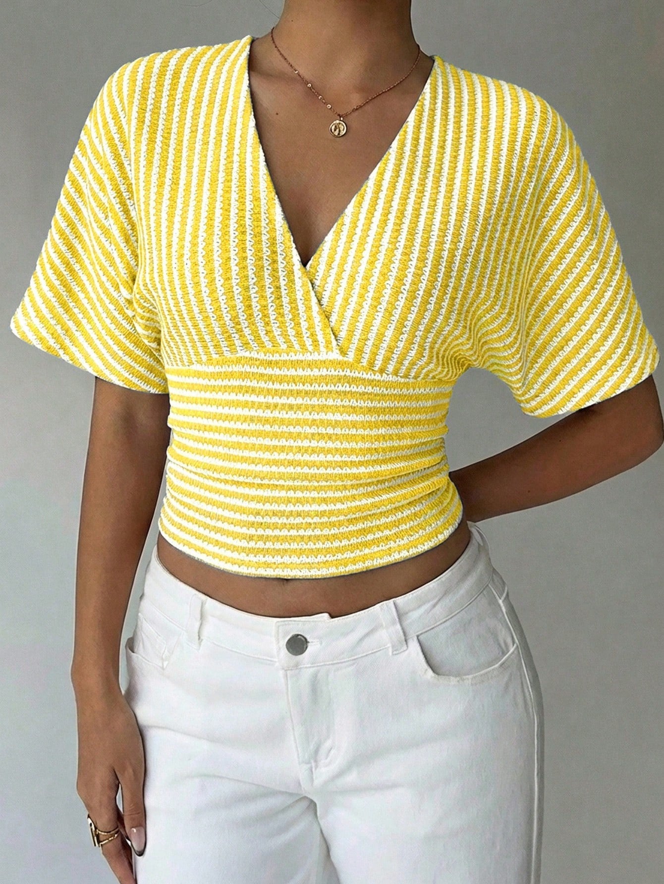 Striped V Neck Batwing Sleeve Wrap Top