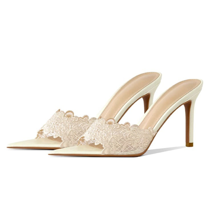 Lace Detail Pointed-Toe Mules